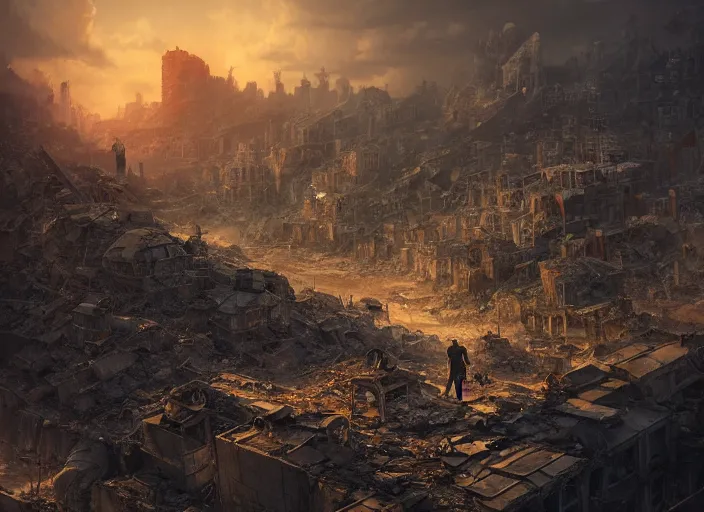 Prompt: highly detailed macro shot of rubble city focusing on a male explorers face, rule of thirds, cinematic view, epic sky, detailed, concept art, low angle, high detail, warm lighting, volumetric, godrays, vivid, beautiful, by jordan grimmer, huge scene, art greg rutkowski