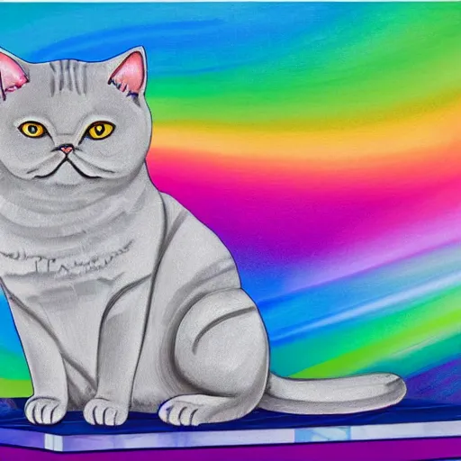 Prompt: portrait of a grey british shorthair cat sitting on wavy piano keys with musical notes in the background detailed colorful luminescent oil painting in the style of laurel burch and lisa frank 4 k