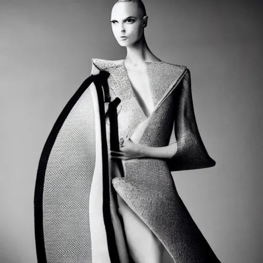 Image similar to a model dressed in an avant garde haute couture dress, angular minimalism, vogue editorial photo, sharp focus dynamic light