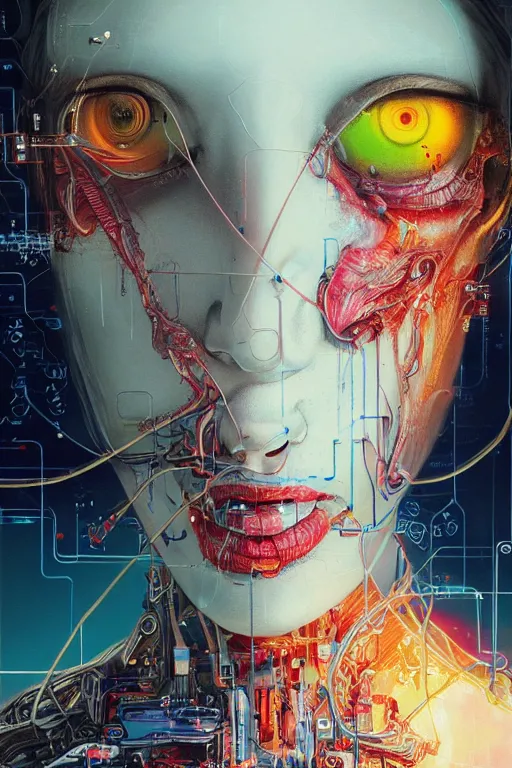 Image similar to portrait of computer & circuits, melting, nasa, 8 k, by tristan eaton, stanley artgermm, tom bagshaw, greg rutkowski, carne griffiths, ayami kojima, beksinski, giger, trending on deviantart, face enhance, hyper detailed, minimalist, cybernetic, android, blade runner, full of colour, super detailed