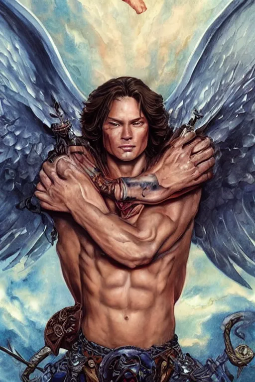 Prompt: muscular Sam Winchester as an angel with religious tattoos on chest and neck, with glowing runes on the body, romance book cover style, D&D dark fantasy style, sharp focus, ultra detailed, art by Artgerm and Peter Andrew Jones, Karol Bak, Ayami Kojima, Amano and Olivier Ledroit