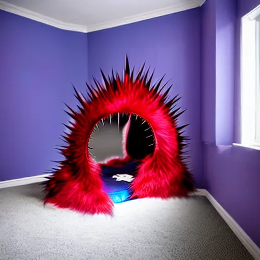 Image similar to monster red eye sharp teeth spiky fur:: bedroom:: closet:: kid in bed:: horror:: blue, red, purple, black:: realistic