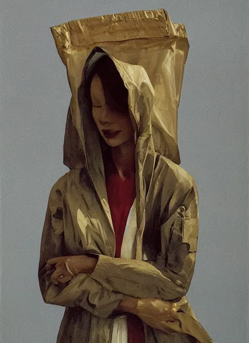 Image similar to woman in a translucent bomber made from plastic bag with paper bags for clothes standing inside paper bags with paper bag over the head at store display Edward Hopper and James Gilleard, Zdzislaw Beksinski, highly detailed
