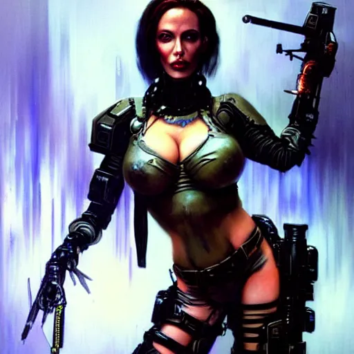 Prompt: a sexy cybergoth Doom Slayer Angelina Jolie, dystopian mood, vibrant colors, sci-fi character portrait by gaston bussiere, craig mullins, Simon Bisley, curvy