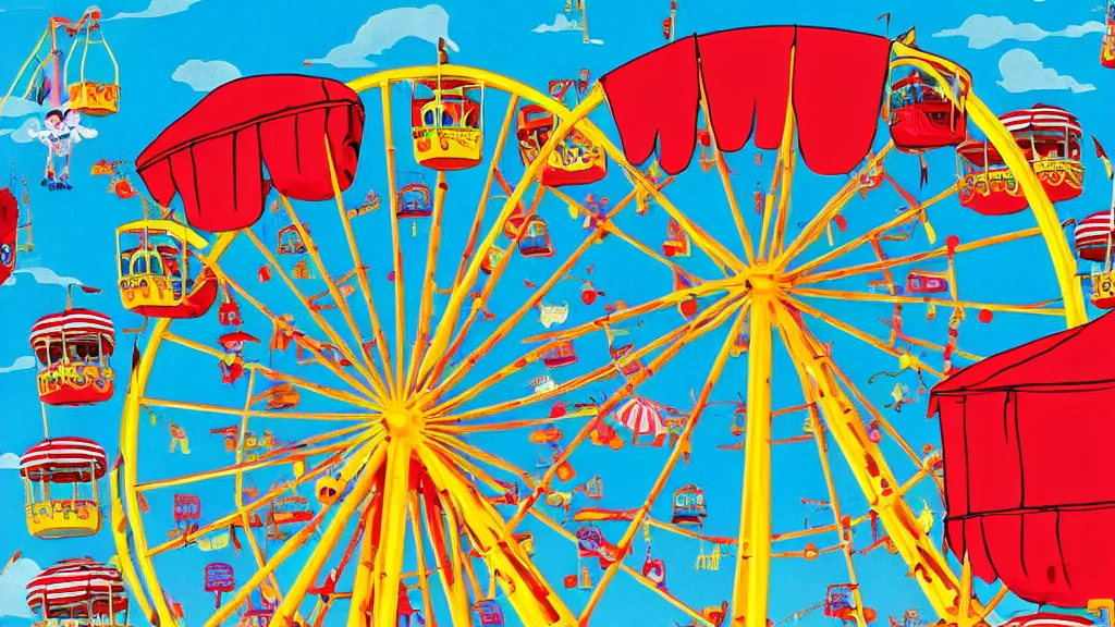 Prompt: carnival town, the horror carnival drawn in the style of a children's book. ferris wheel, circus tent, and carousel. disney style. cutesy, fun, and bright. color harmony, 8 k detail, gallery quality, hd wallpaper, premium prints available, hyper - detailed, intricate design.