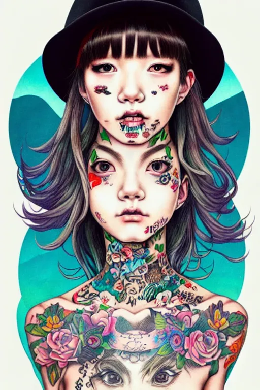 Image similar to full view of girl with tattoos wearing cowboy hat, style of yoshii chie and hikari shimoda and martine johanna, highly detailed