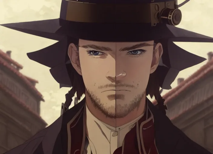 Prompt: a film still portrait of a confident butcher steampunk assassin man who resembles chris hemsworth, finely detailed features, closeup at the faces, perfect art, at an ancient city, gapmoe yandere grimdark, trending on pixiv fanbox, painted by greg rutkowski makoto shinkai takashi takeuchi studio ghibli, akihiko yoshida