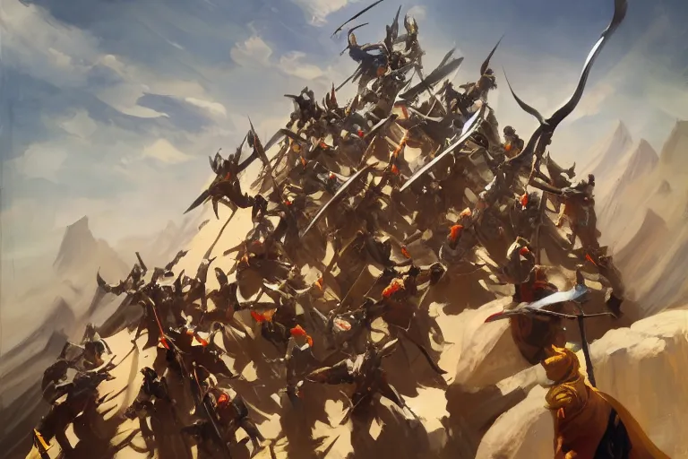 Image similar to greg manchess painting of a mountain of swords in the middle of an arena, profile picture, organic painting, sunny day, matte painting, bold shapes, hard edges, street art, trending on artstation, by huang guangjian, gil elvgren, ruan jia, randy vargas, greg rutkowski