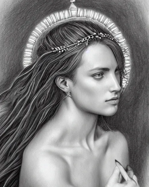 Image similar to pencil drawing of a beautiful greek goddess aphrodite wearing a laurel wreath and arrowhead earrings, beautiful confident and piercing eyes, beautiful flowing hair, hyper realistic face, in the style of greg rutkowski, fantasy, amazing detail, epic, elegant, smooth, sharp focus, from the front