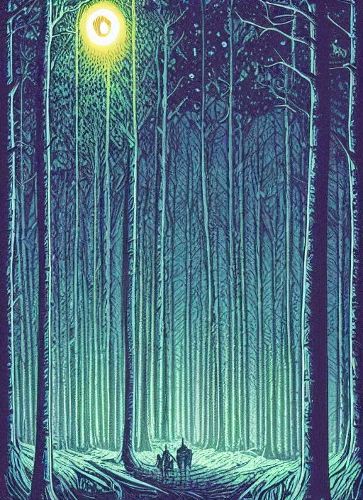 Prompt: a forest at night by Dan Mumford