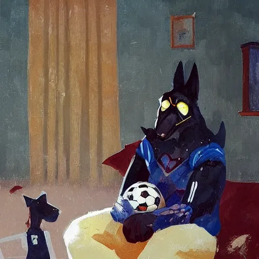 Image similar to a humanoid german shepherd beast - man, sitting and watching a soccer match in his house on television, he has hurt his knee and is a dad, by erin hanson, alexi zaitsev, karl spitzweg, award winning, tv set