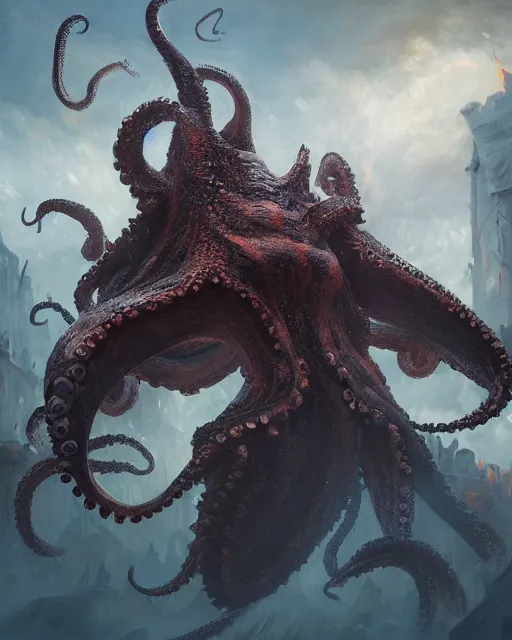 Prompt: oil painting of Angry Anthropomorphized Octopus Berserker, wearing fur armor, claws, sharp focus, attack pose, fantasy style, octane render, volumetric lighting, 8k high definition, by greg rutkowski, highly detailed, trending on art Station, magic the gathering artwork, burning Battlefield background, centered