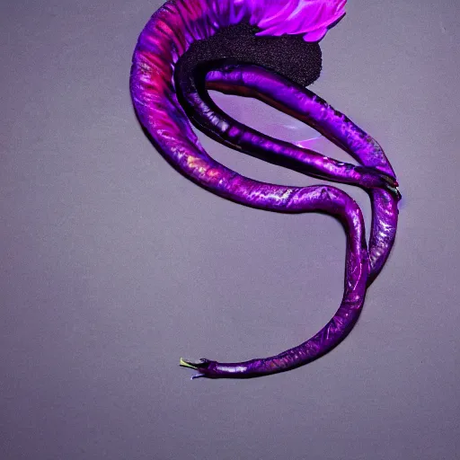 Image similar to Deep imprint flower core, our ouroborous devours it's tail by Rick Baker, black, neon purple, Hyperreal, Photographed in the Style of Annie Leibovitz, Studio Lighting