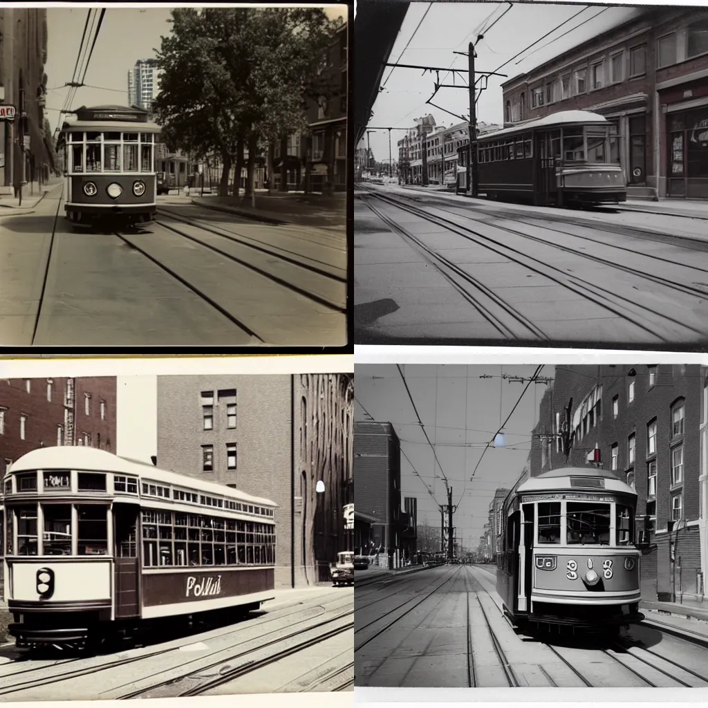 Prompt: an old poloroid photo of a streetcar running through the streets of st. louis