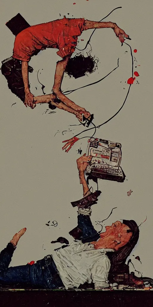 Prompt: exhausted programmer falling into 90s floppy disk, norman rockwell style, ralph steadman style, monochromatic