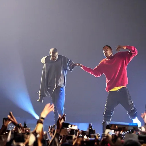 Prompt: Kanye west and Travis Scott performing while raining at plaza de bolivar in armenia quindio