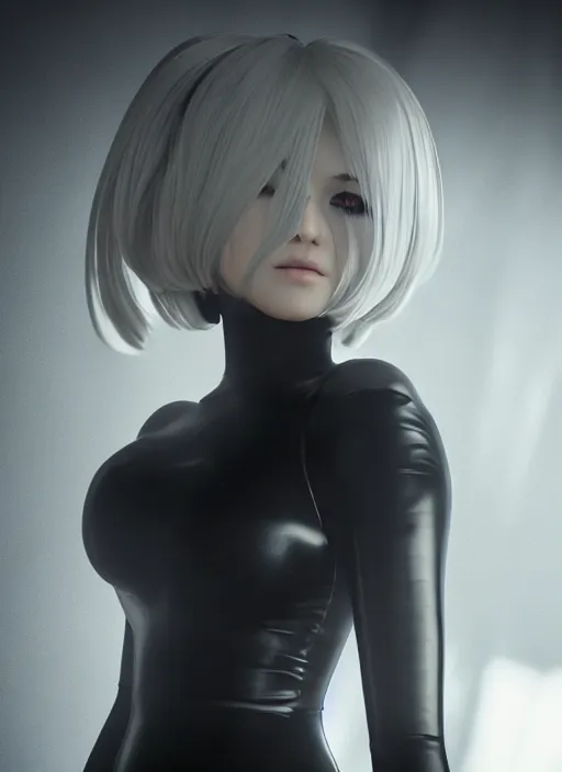 Image similar to Hyperrealistic beautiful portrait of 2B, nier automata, black dress, 8k, Octane Render, cinematic lighting