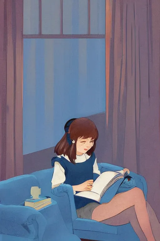 Prompt: a digital painting of a girl reading a book with a cat in A comfortable study room at night,JK uniform ,Hairdryer,blue theme,S line, by anmi and reoenl and mucha