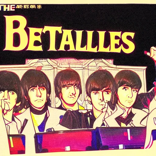 Image similar to The Beatles playing in the Budokan, manga illustration,