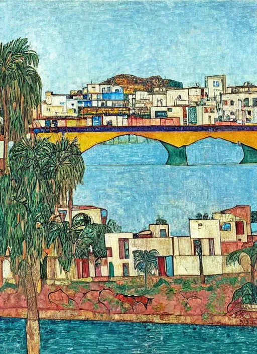 Image similar to ahwaz city in iran with a big modern arch bridge on local river, 3 boat in river, 2 number house near a lot of palm trees and bougainvillea, hot with shining sun, painting by egon schiele