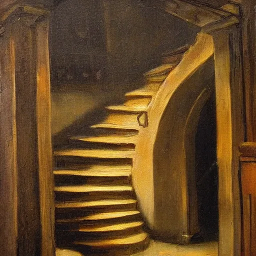 Prompt: expressive painting of an old French medieval library with spiral staircases late evening moody dark musty old, oil painting by Rembrandt