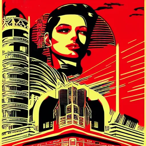 Image similar to Illustrated by Shepard Fairey and H.R. Geiger | Retro futuristic cyberpunk city