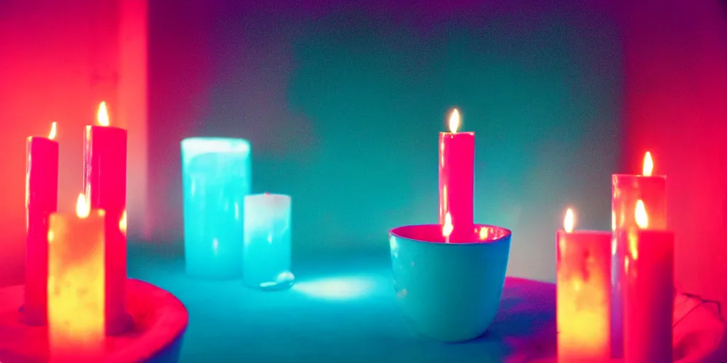 Image similar to macro of a vessel full of blood, it's in the corner of a room that's lit with candles, turquoise and pink lighting, 1980s, cinestill 800t