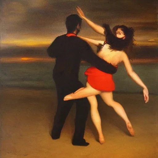 Image similar to A brunette Colombian woman and a Caucasian man dance on a misty pier at midnight, sensual, romantic, oil painting