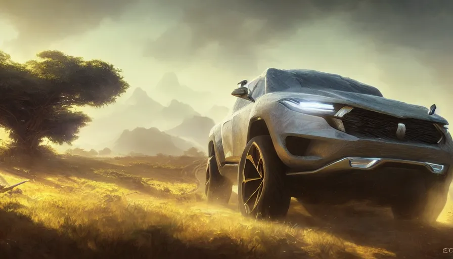 Image similar to a concept suv designed by apple driving through african savanna, artgerm and greg rutkowski and alphonse mucha, an epic fantasy, volumetric light, detailed, establishing shot, an epic fantasy, trending on art station, octane render, midsommar