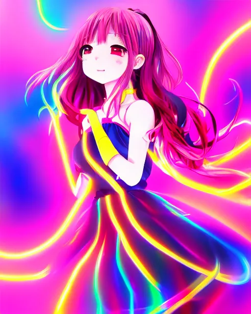 Image similar to anime style, vivid, expressive, full body, 4 k, painting, a cute magical girl idol with a long wavy colorful hair wearing a colorful dress, correct proportions, stunning, realistic light and shadow effects, neon lights, studio ghibly makoto shinkai yuji yamaguchi