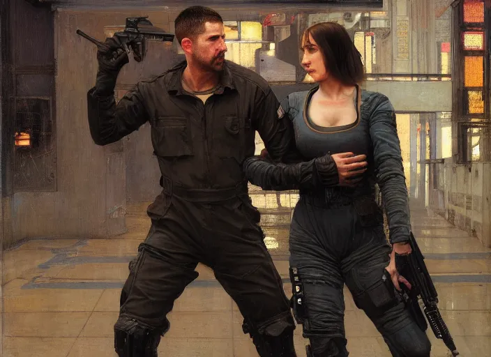 Image similar to sophia evades sgt Griggs. Cyberpunk mechanic wearing jumpsuit escaping police troopers (blade runner 2049). Gorgeous face. Iranian orientalist portrait by john william waterhouse and Edwin Longsden Long and Theodore Ralli and Nasreddine Dinet, oil on canvas. Cinematic, hyper realism, realistic proportions, dramatic lighting, high detail 4k