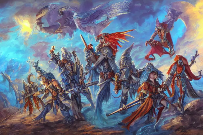 Image similar to dungeons and dragons fantasy painting, close order phalanx of parrot sorcerers, 3 0 0, whimsical and cute, determined expressions, watery blue eyes, anime inspired, steel axes, dawn lighting, at the beach