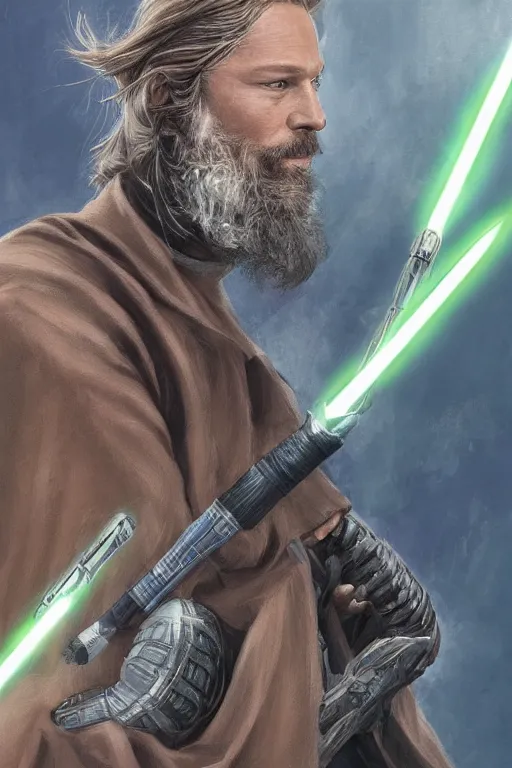 Prompt: Travis Fimmel as a Jedi Master, long beard, outlines, highly detailed, digital painting, trending on artstation, sharp focus, illustration, art by greg hildebrandt and clayton crain