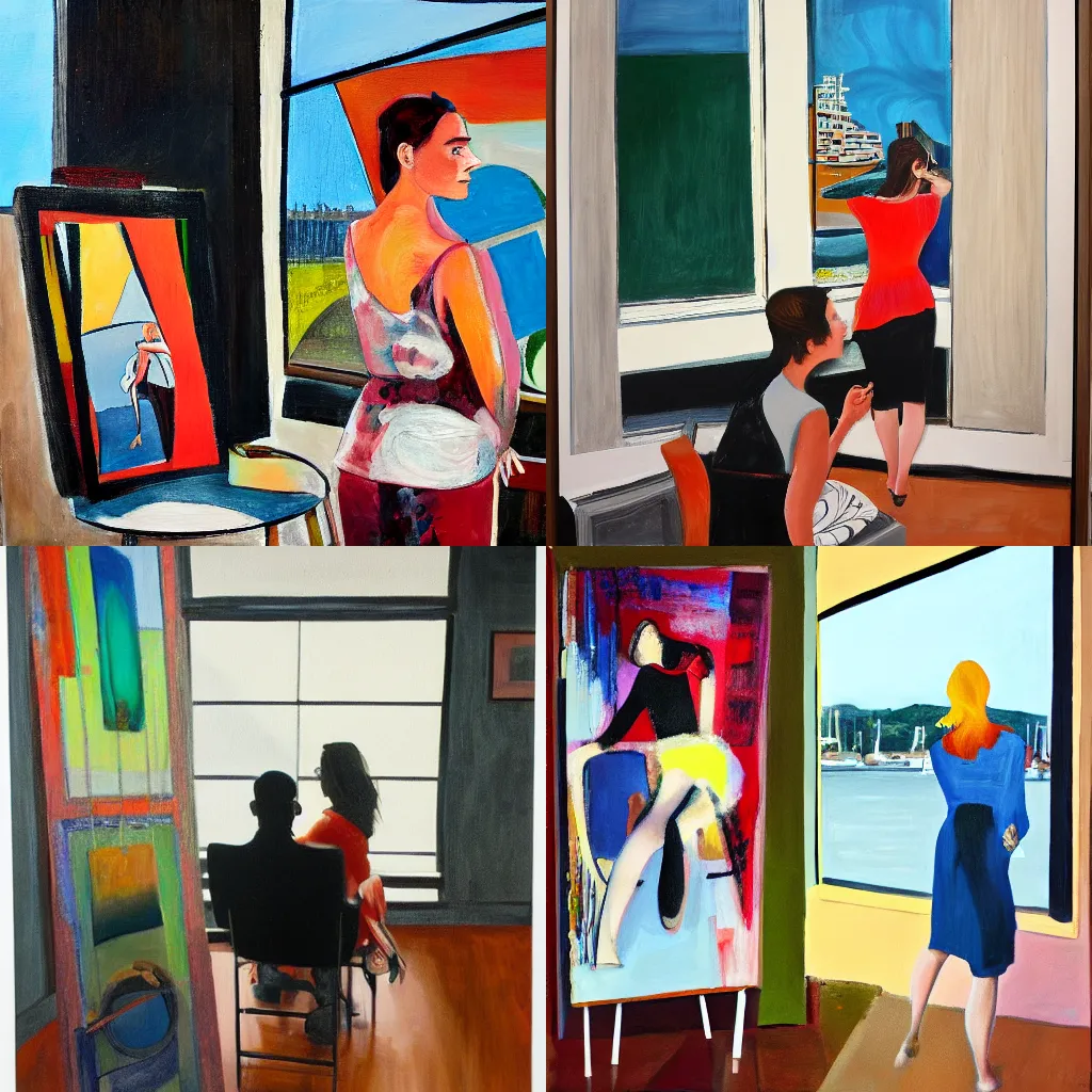 Prompt: painting of artist with model in studio with view through large window to harbor, by brett whitely