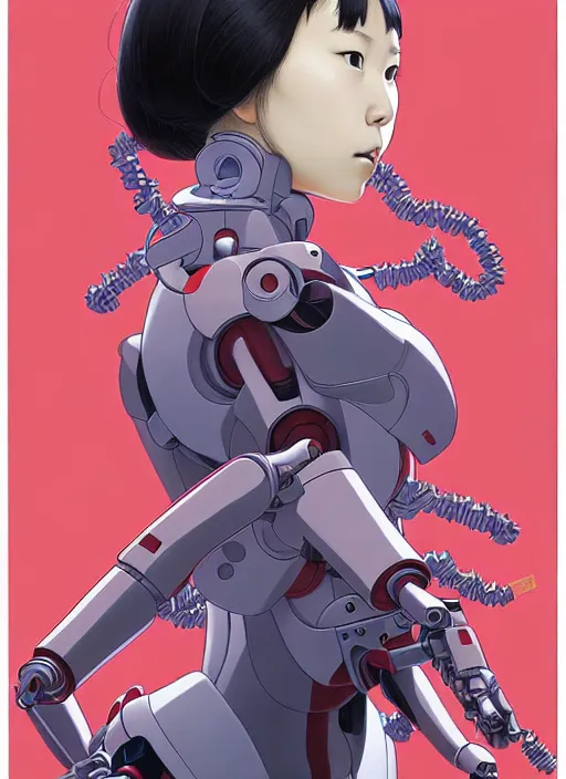 Image similar to Artwork by James Jean and Phil noto; a young Japanese future police lady named Yoshimi battles an evil natures carnivorous robot on the streets of Tokyo; Art work by Phil noto and James Jean