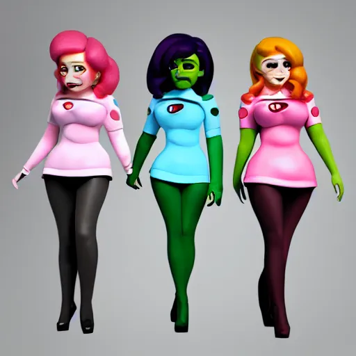 Image similar to christina hendricks as powerpuff girls characters, 3 d render, blender,