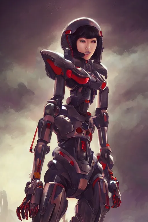 Image similar to a young attractive Asian woman piloting a mecha, in the style of Artgerm and Tom Bagshaw