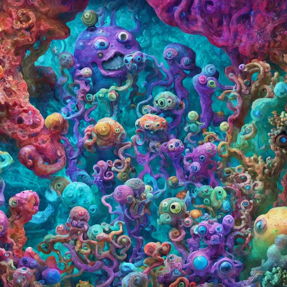 Prompt: of a colorful deep sea cave with strange cute friendly happy creatures with huge eyes, mouth, long tongue and round teeth appearing from sandy coral, in the style of gehry and gaudi, macro lens, shallow depth of field, ultra detailed, digital painting, trending artstation, concept art, illustration, cinematic lighting, photorealism, epic, octane render