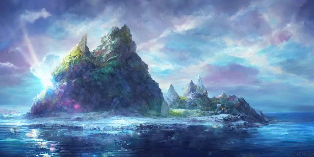 Image similar to salt covered islands surrounded by gleaming colourful crystal cliffs, illustration, bright sunlight, sun glints, sunrays, digital art, oil painting, fantasy, 8 k, trending on artstation, detailed