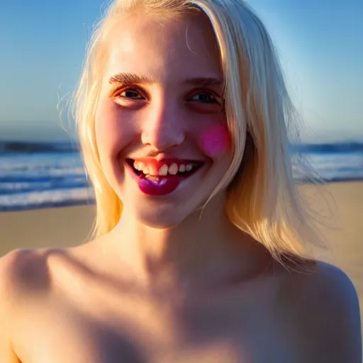 Prompt: beautiful hyperrealism hyperdetailed photograph of a cute thin young woman in love with you, smiling adoringly at the camera, platinum blonde hair, flushed face, blushing, big puffy lips, heart - shaped face, light freckles on cheeks and nose, 8 k, sharp focus, golden hour, beach setting