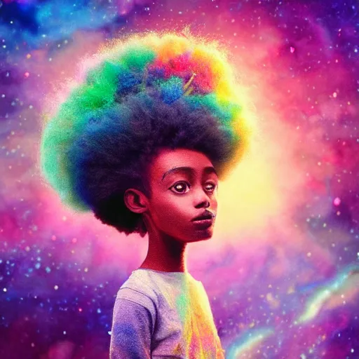 Prompt: a cute little african egyptian princess with a colorful afro sitting on a nebula cloud throne, bright colors, synthwave, watercolor, volumetric wool felting, felt, macro photography, children illustration, global illumination, radiant light, detailed and intricate environment, by goro fujita