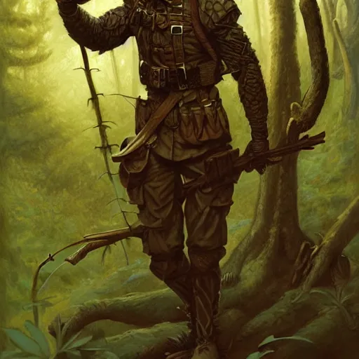 Image similar to male soldier in the forest, by gerald brom!!!, D&D, fantasy, intricate, elegant, highly detailed, digital painting, artstation, concept art, matte, sharp focus, illustration