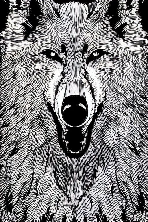 Image similar to Psychotic crisis portrait of a wolf head. very detailed, simple lines, lineart
