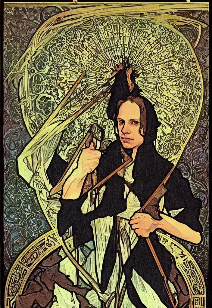 Image similar to Geoff Rickly on a tarot card, tarot major arcana in art style by Alphonse Mucha