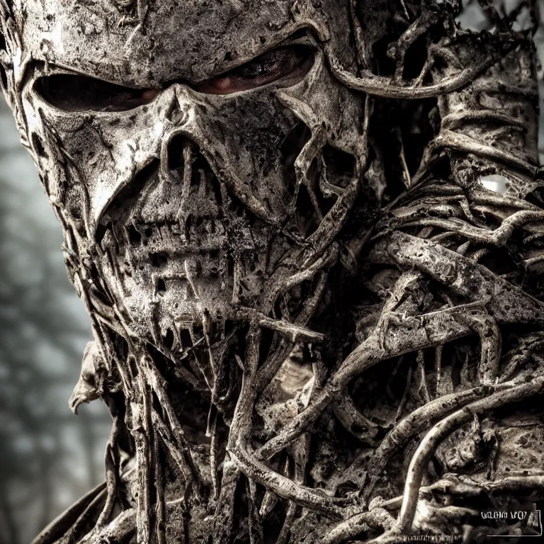 Prompt: armoured undead man, in a burned forest, medieval style, highly detailed, smooth, sharp focus, character portrait, portrait, close up, concept art, intricate details, medieval poster, 8 k. lifelike. dark light. nikon d 8 5 0