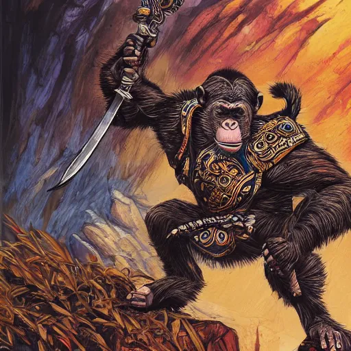 Prompt: An bipedal chimp in warrior robes wielding a sword, intricate, elegant, highly detailed, smooth, sharp focus, detailed face, high contrast, graphic novel, art by Michael Choi and Joe Madureira,