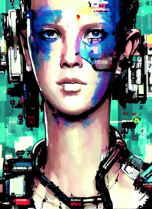 Image similar to Portrait of cyberpunk cyborg Millie Bobby Brown by Yoji Shinkawa