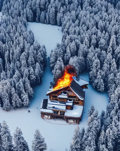 Image similar to mansion in the snowy alps set on fire, zoomed out, shot from drone, iphone capture, fire