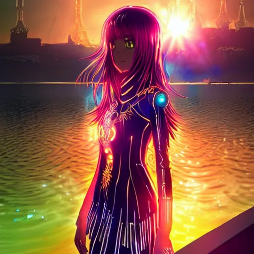 Image similar to a teenage anime android girl wearing a very high intricate detailed dress made out of water standing in a crystal clear lake with a neon lit futuristic city in the background::full body::very long black + red hair::left eye is yellow + right eye is glowing red::heterochromatic eyes::intense stare::cinematic lighting::medium shot::MCU::trending on artstation::CSP + Photoshop::WLOP + Rossdraws + James Jean + Andrei Riabovitchev + Marc Simonetti + Anastasia Ovchinnikova + Véronique Meignaud + BEN MAIER + Sakimichan