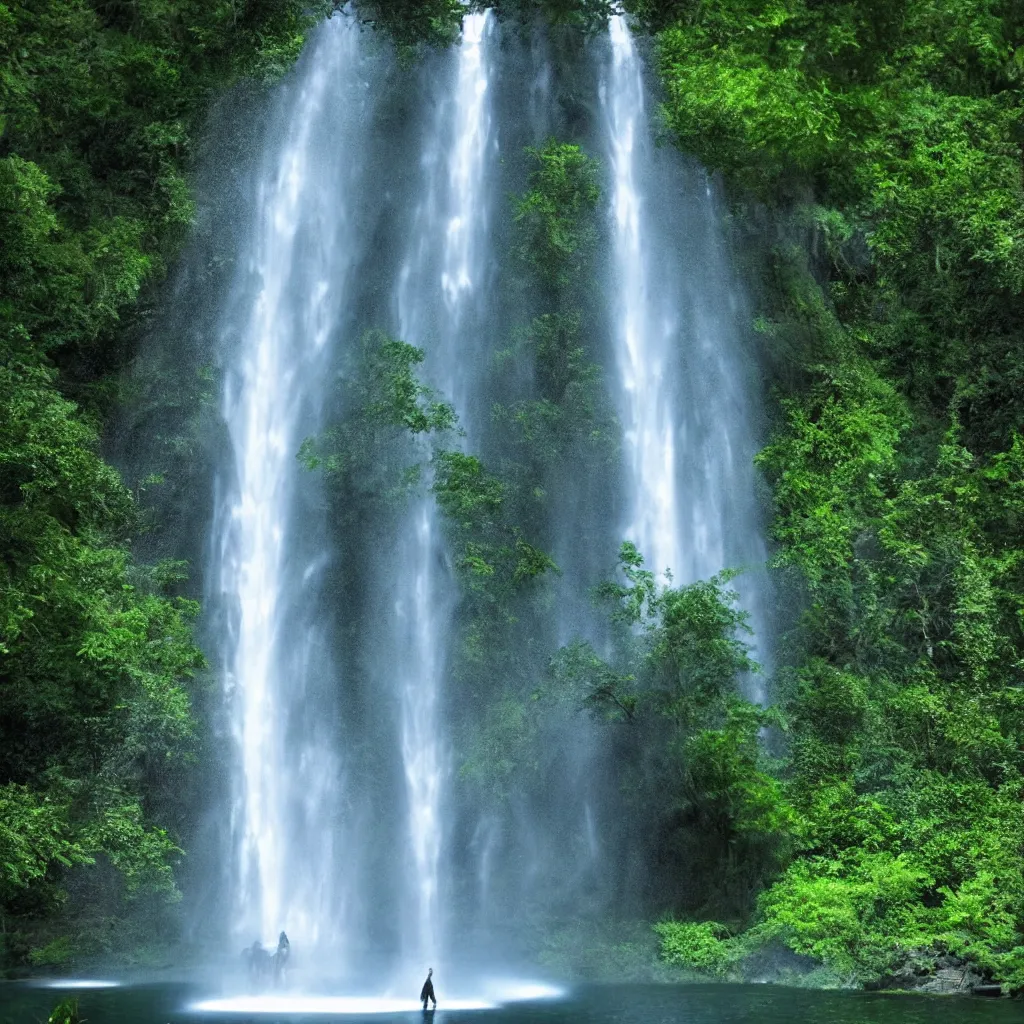 Image similar to huge towering magical waterfall, extreme drama, distant glowing figures, hdr, movie still, fully photorealistic, sharp luminescent focus, nd 6, sony fx 6, glowing luminescent invocations